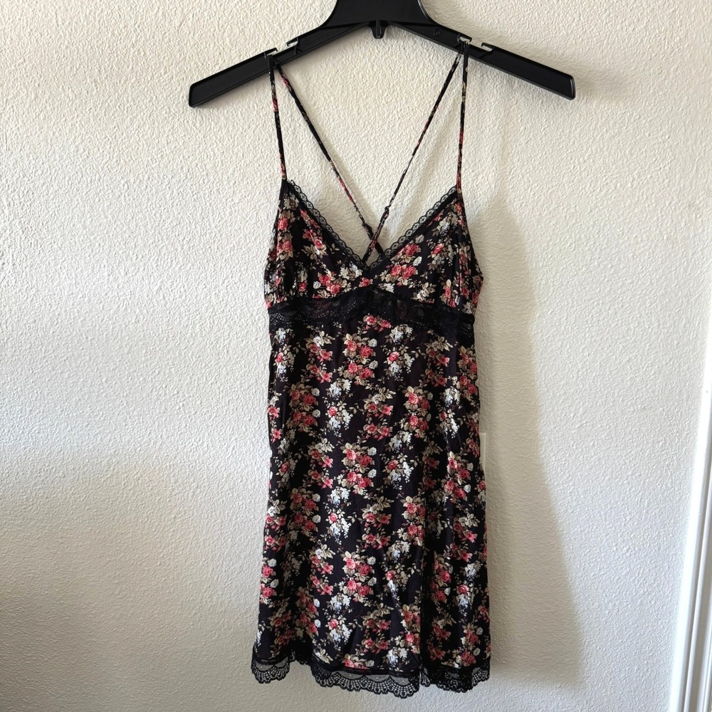 Floral Lace Trim Babydoll Mini Dress L Black Strappy Y2K Whimsigoth DarkRomantic